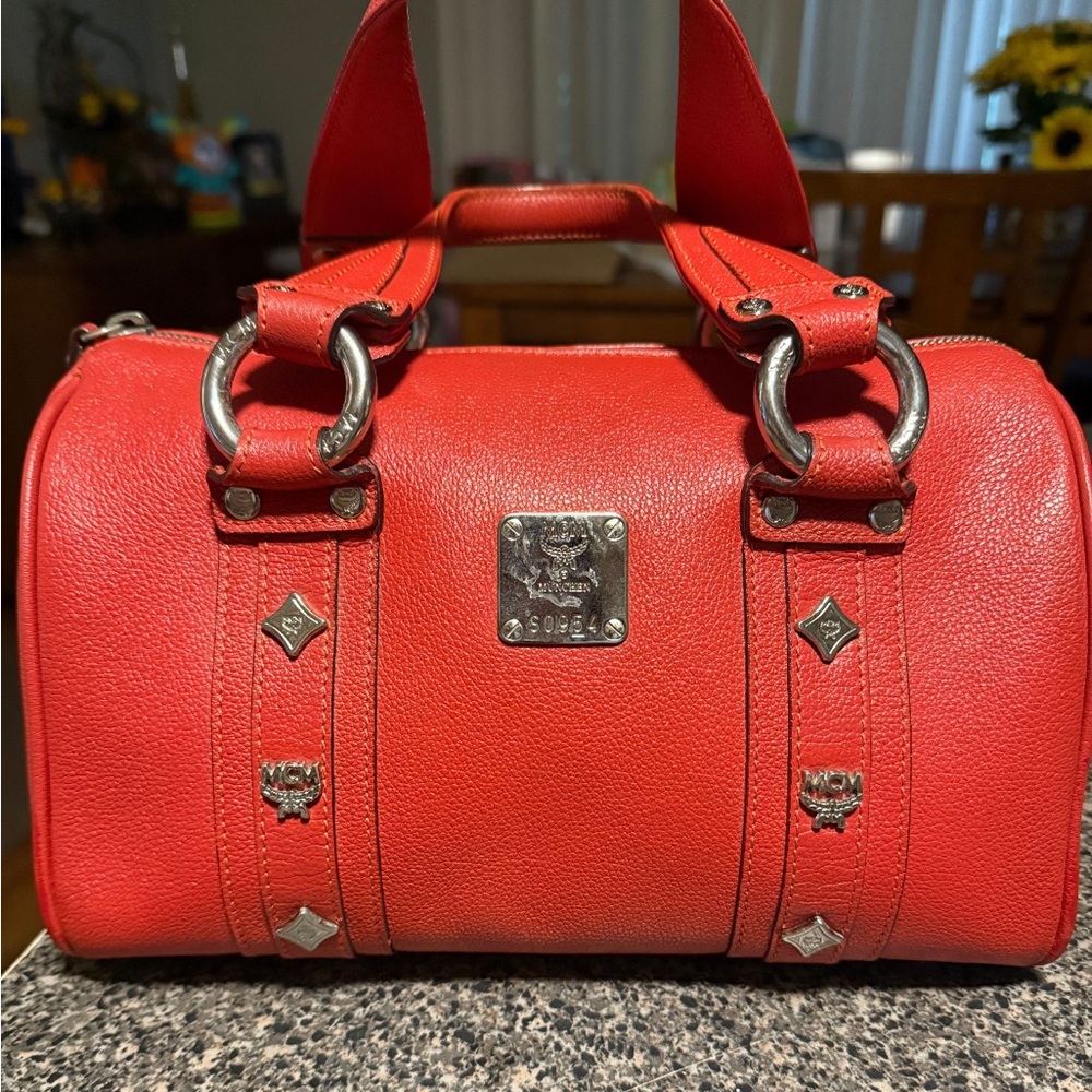 MCM Red Top Handle Boston Bag